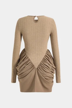 Patchwork Ruched Round Neck Long Sleeve Mini Dress