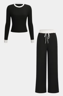 Patchwork Top And Drawstring Straight Trousers Set
