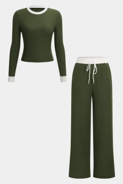 Patchwork Top And Drawstring Straight Trousers Set
