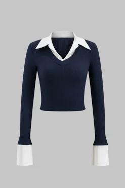 Patchwork V-Neck Long-Sleeve Shirt