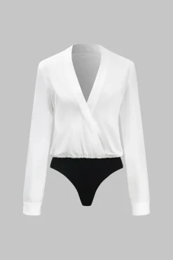 Patchwork V-Neck Long Sleeve Bodysuit