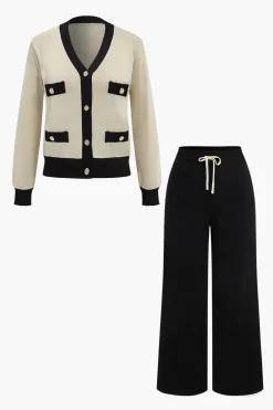 Patchwork V-Neck Sweater Cardigan And Pants Set