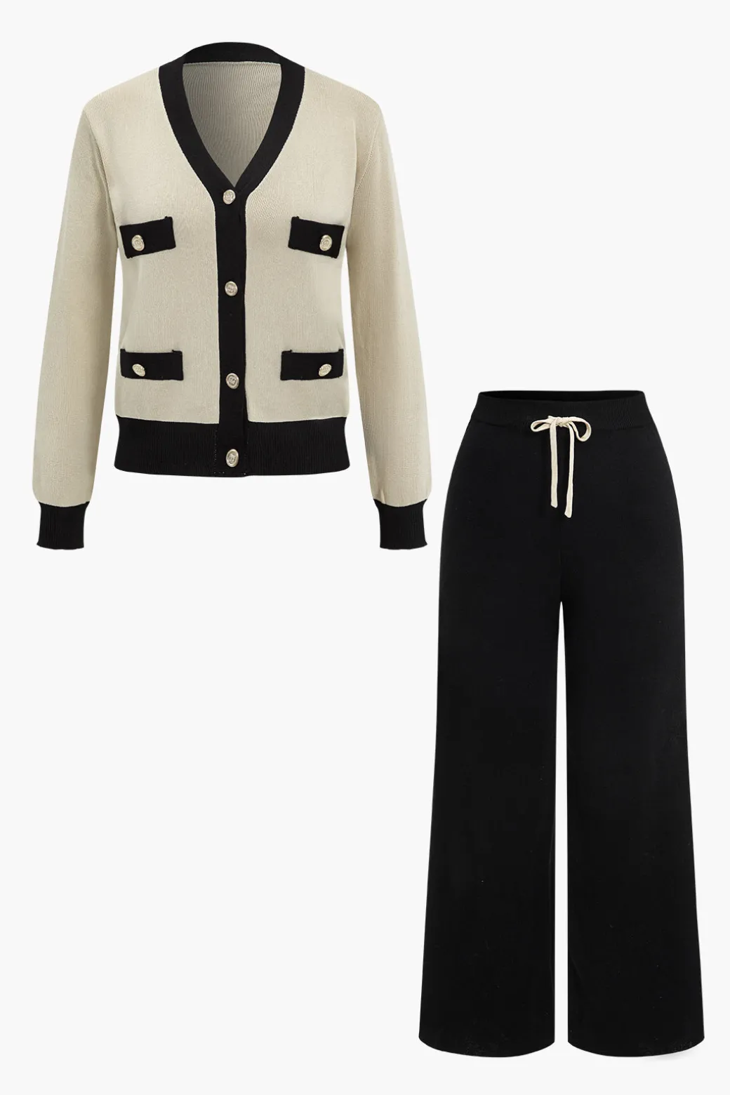 Patchwork V-Neck Sweater Cardigan And Pants Set