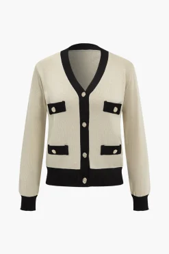 Patchwork V-Neck Sweater Cardigan And Pants Set