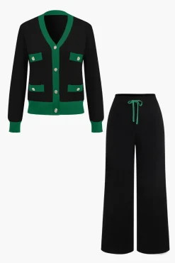 Patchwork V-Neck Sweater Cardigan And Pants Set