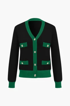 Patchwork V-Neck Sweater Cardigan And Pants Set