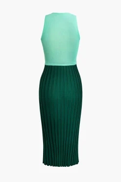 Patchwork V-Neck Tank Knit Midi Dress