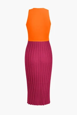 Patchwork V-Neck Tank Knit Midi Dress