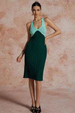 Patchwork V-Neck Tank Knit Midi Dress