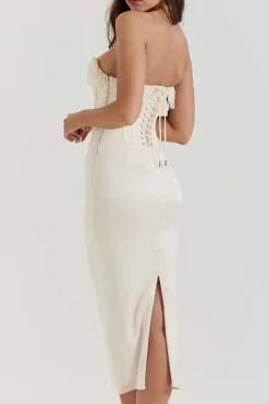 Pearl Braided Eyelet Corset Midi Dress