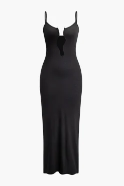 Pearl Detail V-neck Slip Knit Maxi Dress