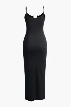 Pearl Detail V-neck Slip Knit Maxi Dress