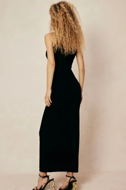 Pearl Detail V-neck Slip Knit Maxi Dress