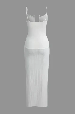 Pearl Detail V-neck Slip Knit Maxi Dress