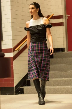 Plaid Cut Out Waist Midi Skirt