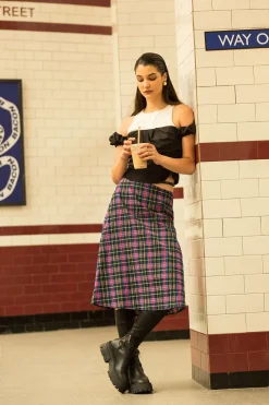 Plaid Cut Out Waist Midi Skirt