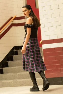 Plaid Cut Out Waist Midi Skirt