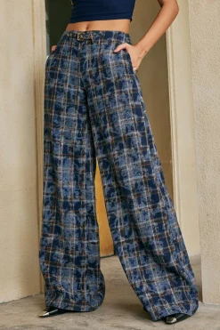 Plaid Print Belted Trousers