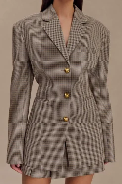 Plaid Print Notched Lapel Button Belted Blazer