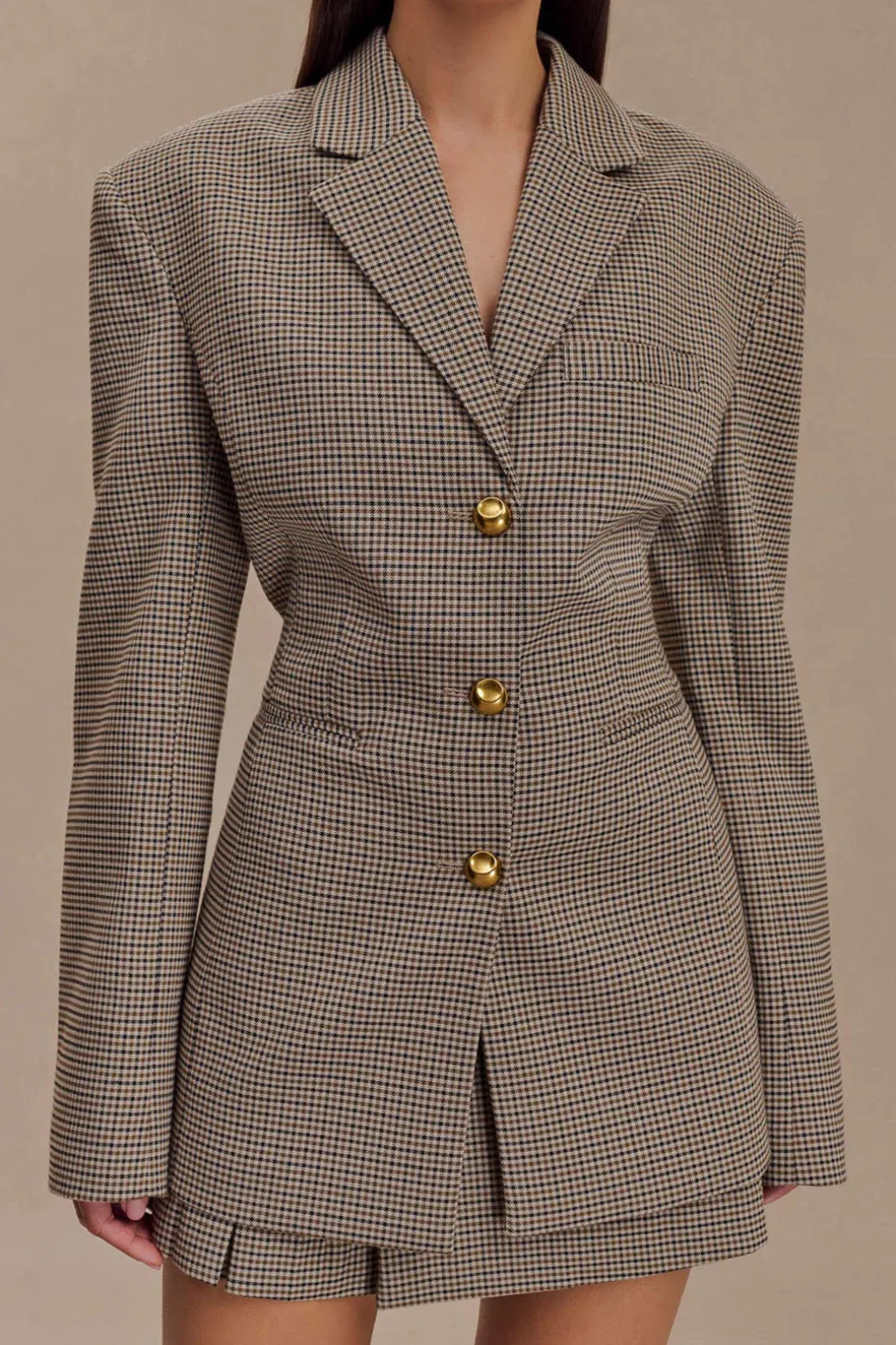 Plaid Print Notched Lapel Button Belted Blazer