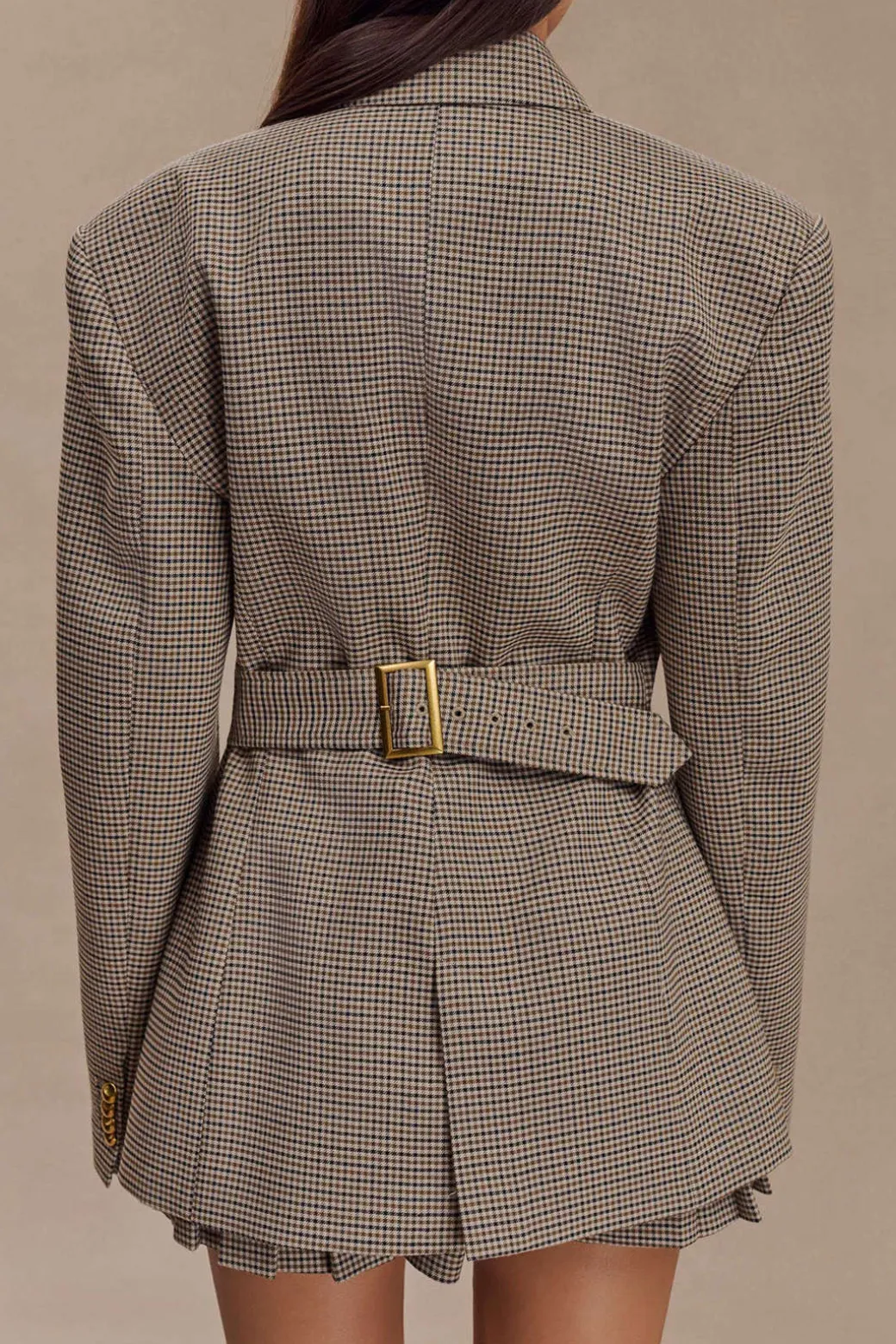 Plaid Print Notched Lapel Button Belted Blazer