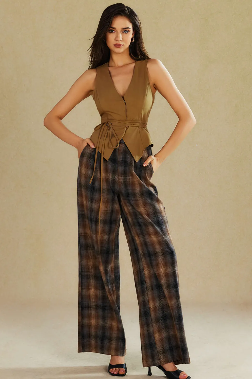 Plaid Print Wide Leg Trousers
