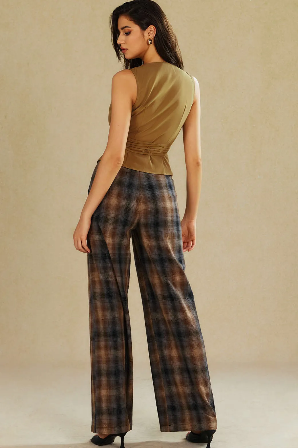 Plaid Print Wide Leg Trousers