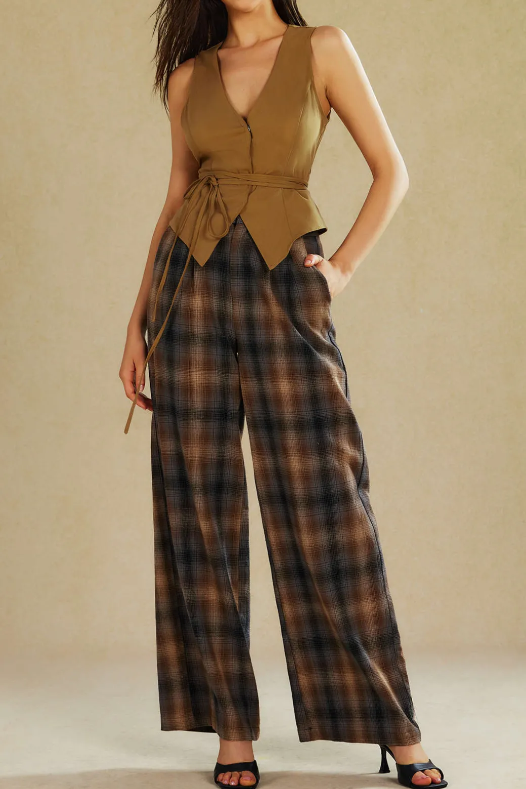 Plaid Print Wide Leg Trousers