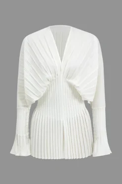 Pleated Bell Sleeve V-Neck Mini Dress