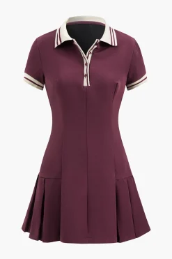 Pleated Button Short Sleeve Mini Dress