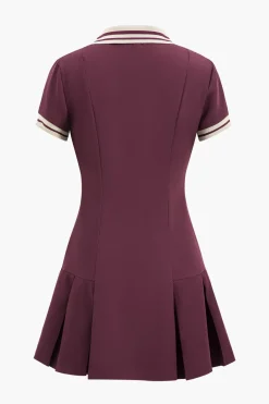 Pleated Button Short Sleeve Mini Dress