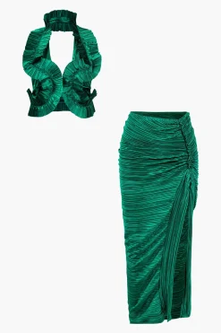 Pleated Halter Backless Top And Split Midi Skirt Set