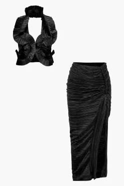 Pleated Halter Backless Top And Split Midi Skirt Set