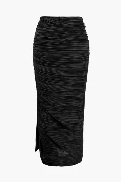 Pleated Halter Backless Top And Split Midi Skirt Set