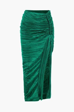 Pleated Halter Backless Top And Split Midi Skirt Set