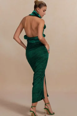 Pleated Halter Backless Top And Split Midi Skirt Set