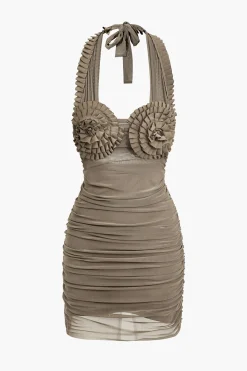 Pleated Mesh Halter Mini Dress