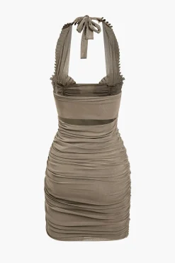 Pleated Mesh Halter Mini Dress
