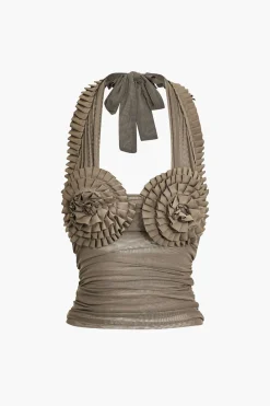 Pleated Mesh Halter Tank Top