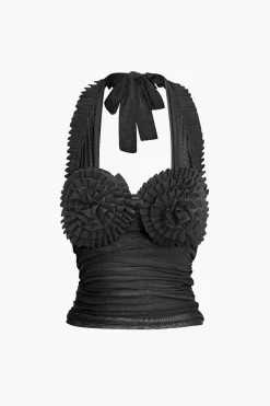 Pleated Mesh Halter Tank Top