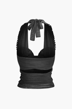 Pleated Mesh Halter Tank Top