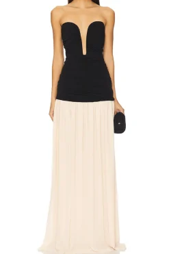 Pleated Patchwork Slit Ruched Strapless Maxi Dress