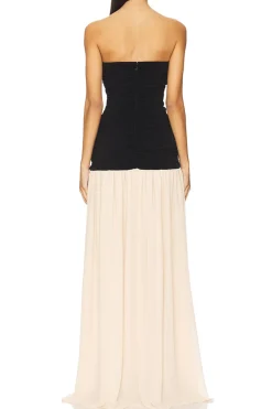 Pleated Patchwork Slit Ruched Strapless Maxi Dress