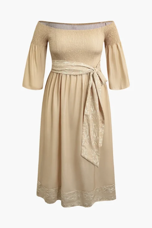 Plus Size Off Shoulder Smocked Maxi Dress With Belt