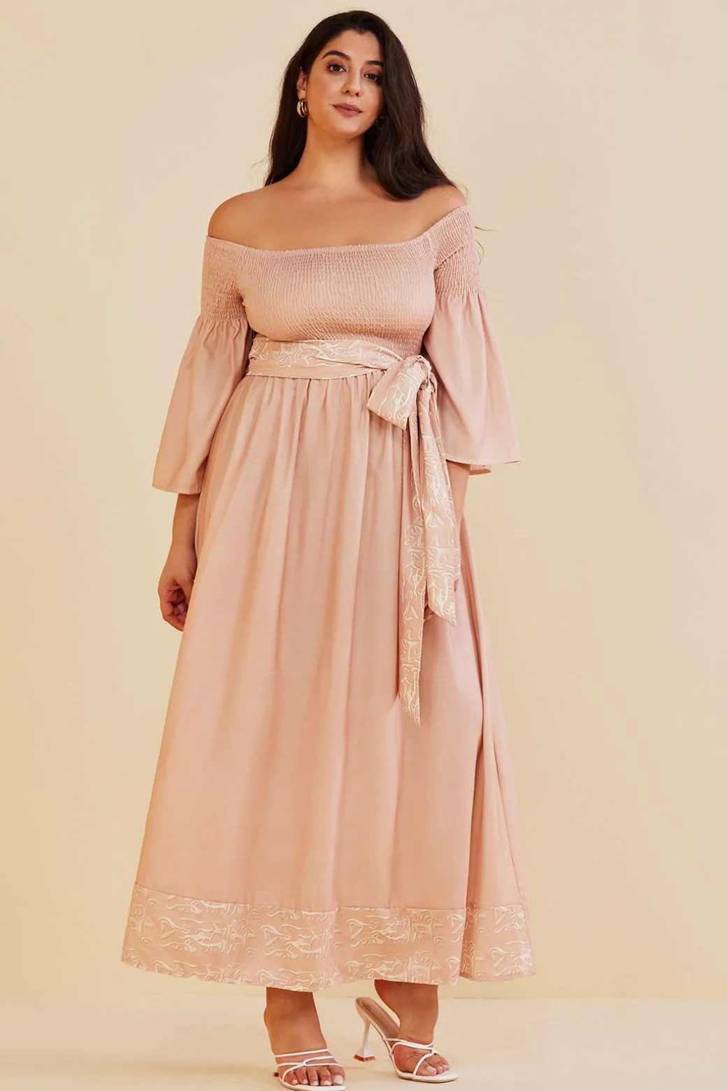 Plus Size Off Shoulder Smocked Maxi Dress With Belt