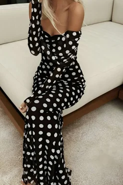 Polka Dot Print Off Shoulder Maxi Dress