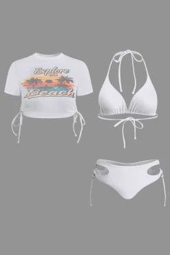 Print T-shirt And Tie Halter Bikini Set