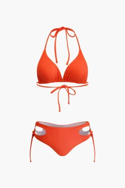 Print T-shirt And Tie Halter Bikini Set