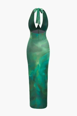 Printed Halter Corset Drawstring Slit Midi Dress