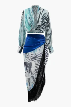 Printed Lantern Sleeve Twist Hem Shirt And Asymmetric Fringe Skirt Set